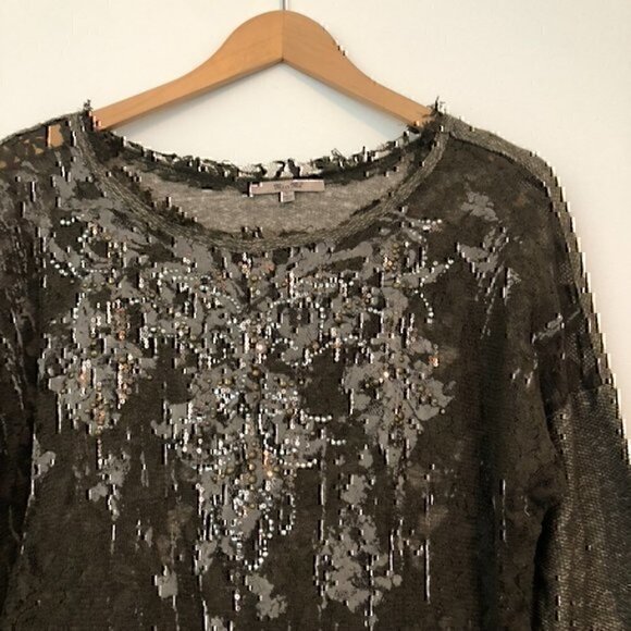 MISS ME Lace Front Sweatshirt Olive Green Pullover Mixed Media Material Crewneck - Picture 5 of 11